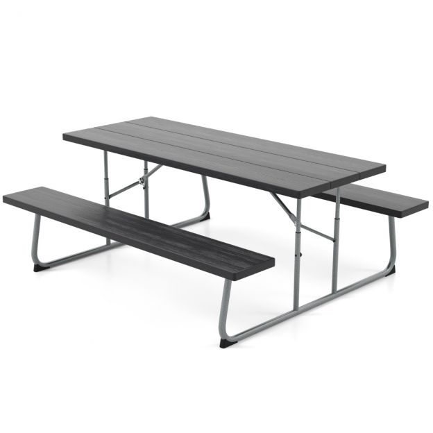 Kokkuklapitav piknikulaud kahe pingiga, 183 cm, metallraamiga must campinglaua komplekt