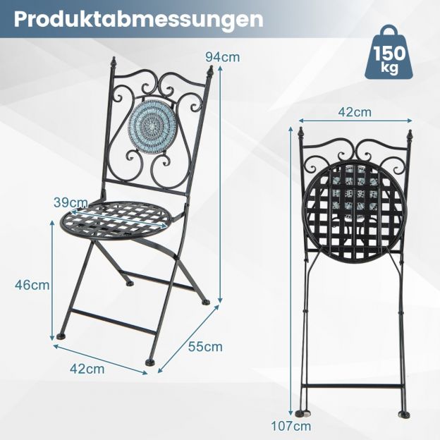 2-osaline metallraamiga mosaiik­disainiga kokkupandavate terrassitoolide komplekt, mõõtmed 55 × 42 × 94 cm