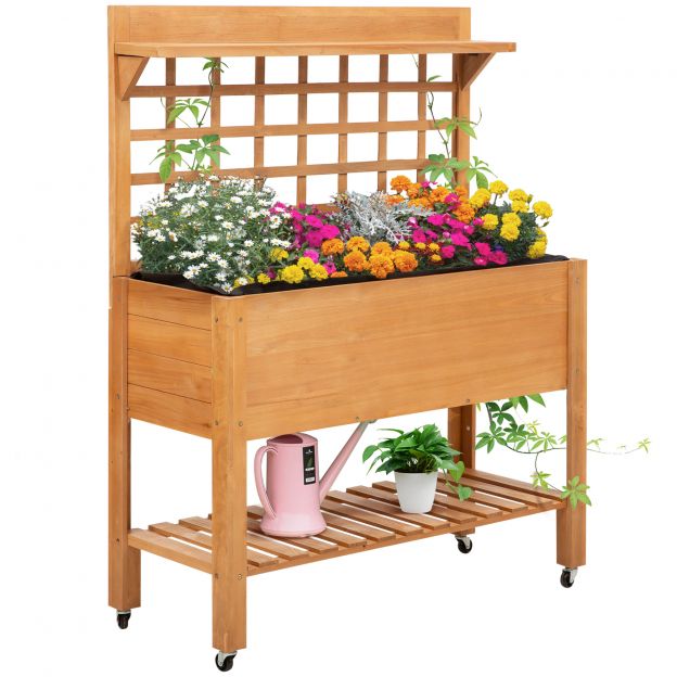 Kõrgpeenar istutuskast lillelaud 105 x 40 x 135 cm kuusest, töölaud aia ja rõdu jaoks, Gardenerstool.ee