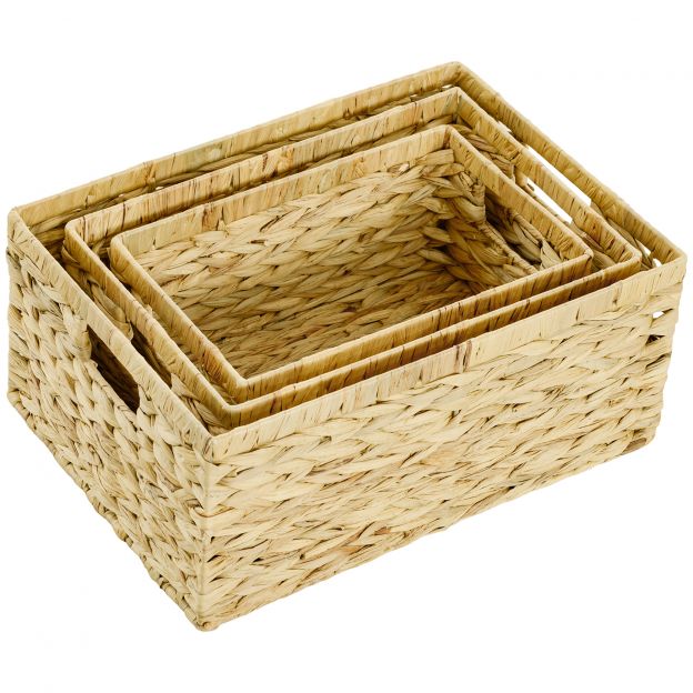 3-osaline hoiukorvide komplekt, vesihüatsindist punutud korvid, hoiustamiseks ja organiseerimiseks, elutuppa, kööki, magamistuppa, 40 x 30 x 18 cm, naturaalne puit