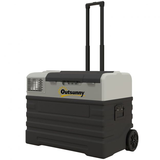 Kompressorkülmik 56L, auto külmik 12/24V DC & 240V AC kuni -20°C, kaasaskantav sügavkülmik ECO/MAX režiimidega, mini külmik teleskoopkäepideme, ratastega, sobib telkimiseks, veoautole, paadile ja pistikupessa.