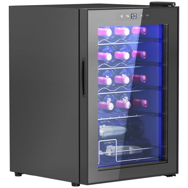 Veinikülmik 20 pudelit 53L 5-18℃ kompressoriga joogikülmik UV-kaitsega klaasuksega, pudelikülmik LED-valgustusega, väike veiniriiul puutetundliku ekraaniga must.