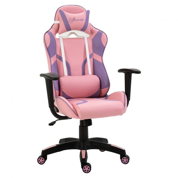 Vinsetto mängutool ergonoomiline kontoritool, pöörlev tool, reguleeritav massaažiga nimmetugi, kõrguse reguleerimine, roosa ja lilla, 69x56x125,5 cm | Aosom