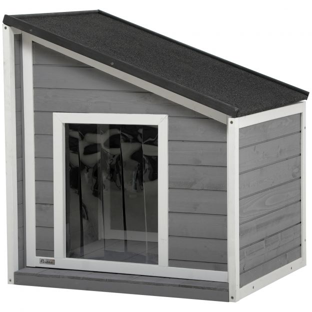 Ilmastikukindel koerakuut kuusepuidust, asfaldist katuse ja uksekardinaga, hall 71x58x53/77cm väikestele koertele.