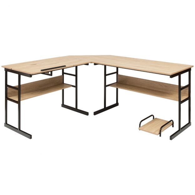 L-kujuline kirjutuslaud kallutatava lauaplaadi, alumise raamaturiiuli ja CPU-alusega joonistus- ja arvutilaud 170 × 150 × 75 cm naturaalne