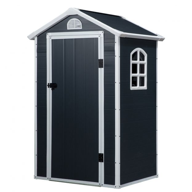 Seadmemaja aiamaja tööriistakuur ventilatsiooniakna ja kaldkatusega, metallist, hall, 134 x 104 x 204 cm, aia ja õue jaoks.