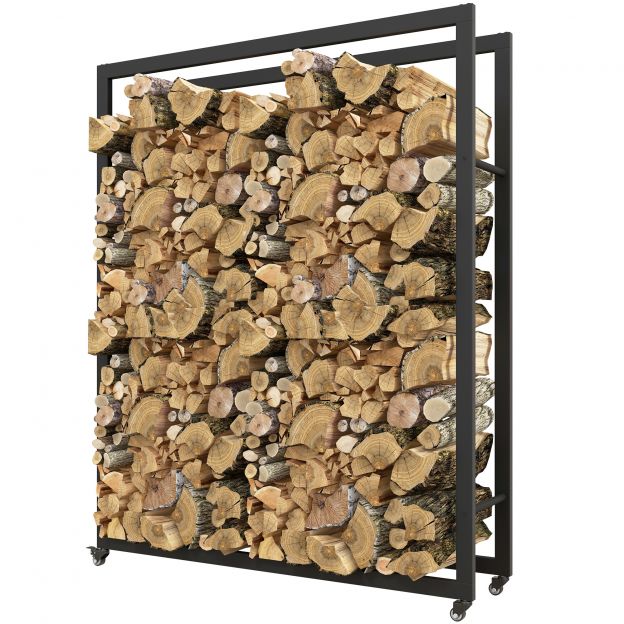 Kaminapuude riiul 120 x 32 x 151 cm küttepuude riiul ratastega, kaminapuude riiul siseruumidesse, välitingimustesse, metall, must