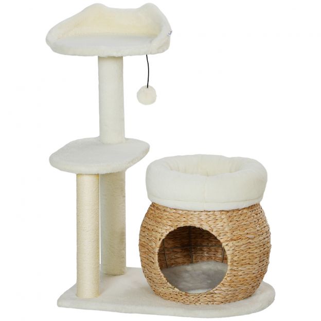 Kassipuu 79 cm kassipuu kassimajaga, voodi, mängupallid, kassipuu sisal-kraapimispostidega, kassidele kuni 5 kg, kreemvalge