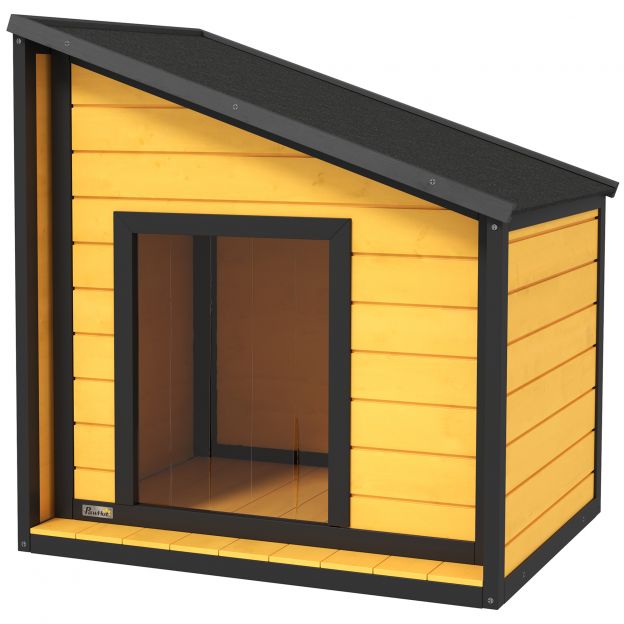 Puidust koerakuut, avaneva asfaldikatuse ja uksekardinaga koeramaja, välikoeramaja, väikeloomade maja väikestele koertele, väljas, ilmastikukindel, kollane, 71 x 58 x 53/77 cm