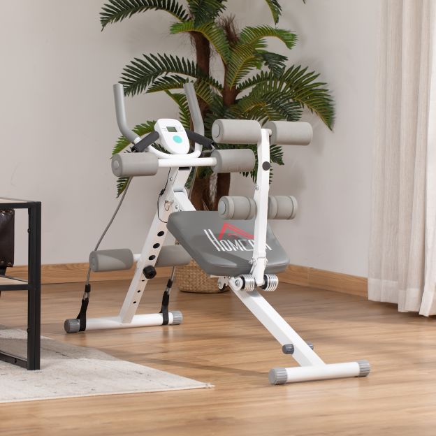 2-ühes kõhulihaste treenija, reguleeritava kõhulihaste pingiga, kõrguse reguleerimisega treenija LCD-ekraaniga, lihaste kasvatamiseks, fitnessiks, kandevõime kuni 100 kg, teras, valge+hall