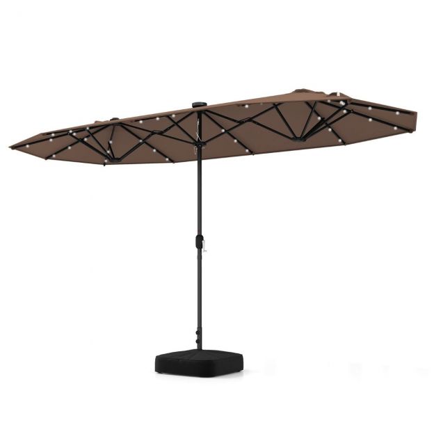 400 x 200 cm kahekordne päikesevari aluse ja LED-tuledega & vändaga UPF 50+ aiavari pruun