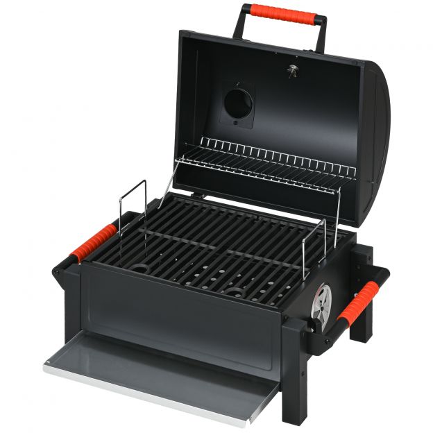 Puidust söegrill, lauagrill grillrestiga, söekauss, kaanega matkagrill, käepide, termomeeter, lauapuidugrill piknikule, aeda, must, 68,5 x 50 x 54 cm
