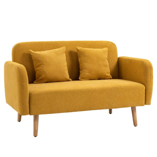 Kahekohaline diivan Loveseat patjadega, reguleeritavad jalatoed, sametilaadne polüester, vaht, kompaktne disain, 2-kohaline, naturaalne+Kollane| Aosom