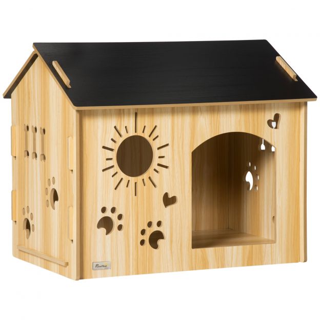 Puidust koerakuut väikeloomade maja ventilatsiooniavadega 69 x 50 x 58,5 cm, koeramaja katusega, siseruumides MDF tamm must.