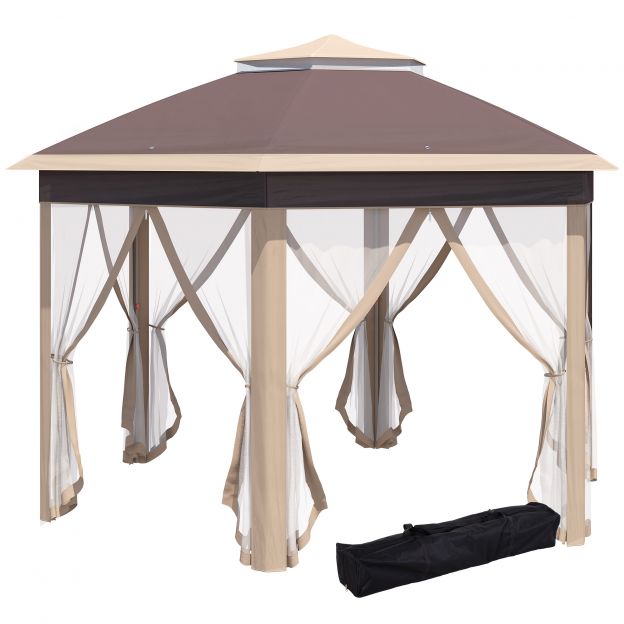 Kuusnurkne paviljon 4x4m veekindla ja UV-kindla kattega, topeltkatus, ventilatsiooniava, kandekott, polüester beež ja khaki.