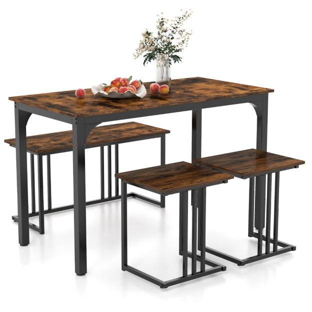 Söögilaud pingiga ja 2 taburetti, 4-osaline komplekt, köögilaud, industriaalne söögikomplekt kööki, 120 x 60 x 75 cm, pruun