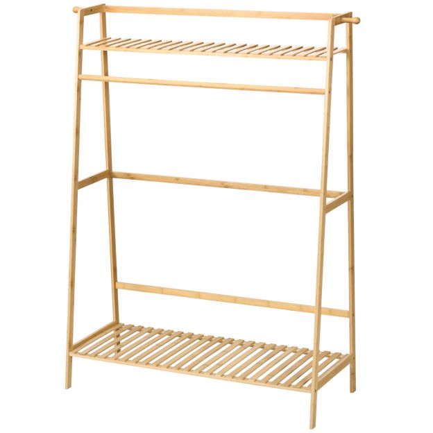 Riidenagi koos 2 riiuli, 2 konksu ja 1 riidepuuga bambusest - mõõdud 114L x 40S x 139K cm naturaalne puit