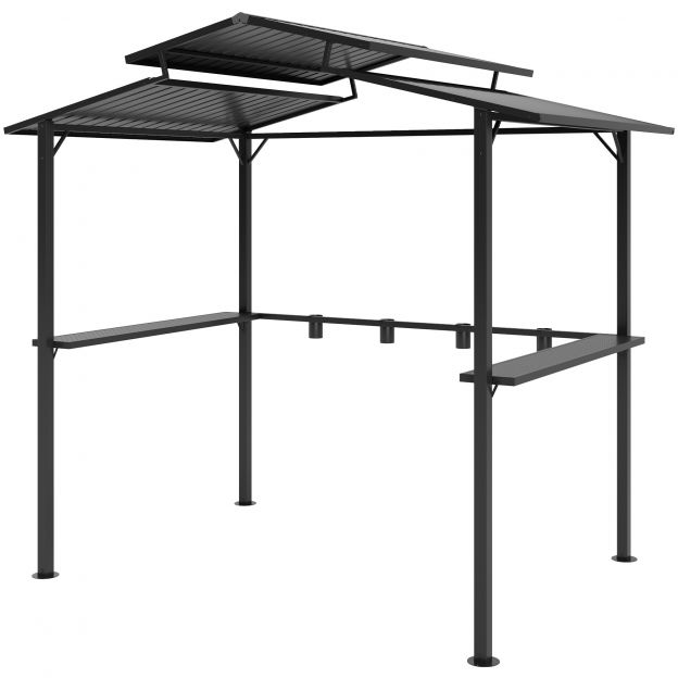 Grillpaviljon 250 x 160 x 250 cm veekindel aiamajake kahekordse katusega, külgriiulitega, aiapaviljon UV-kaitsega, BBQ paviljon, aiatelk grilltelk aia peo BBQ jaoks, must