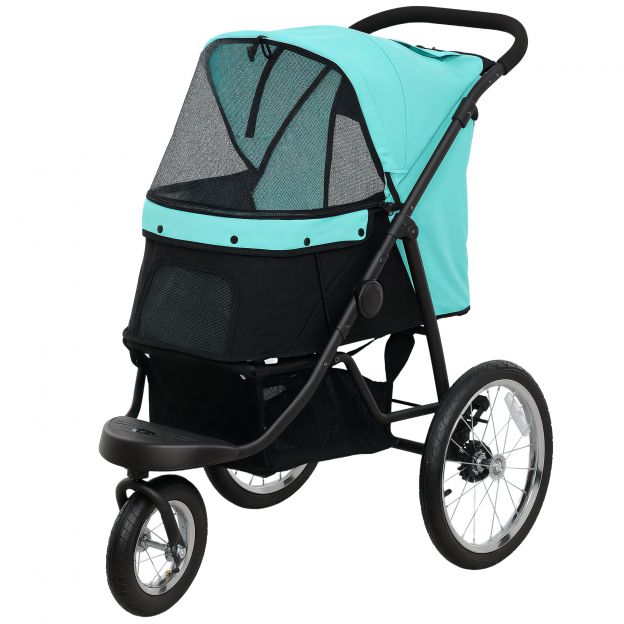 Koerakäru Jogger koerakäru kokkupandav väikestele koertele ja kassidele kuni 10 kg kassikäru 3 suure kummirattaga, padja võrgaknad hoiukorv kassikäru turvarihmadega, türkiis