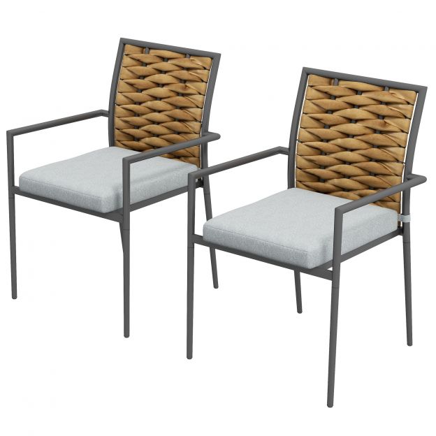 2-osaline komplekt rotangist aiamööbli toolikomplekt patjadega, virnastatav aiamööbli tool, rõdutool terrassile, teras, 57 x 58 x 87 cm, hall
