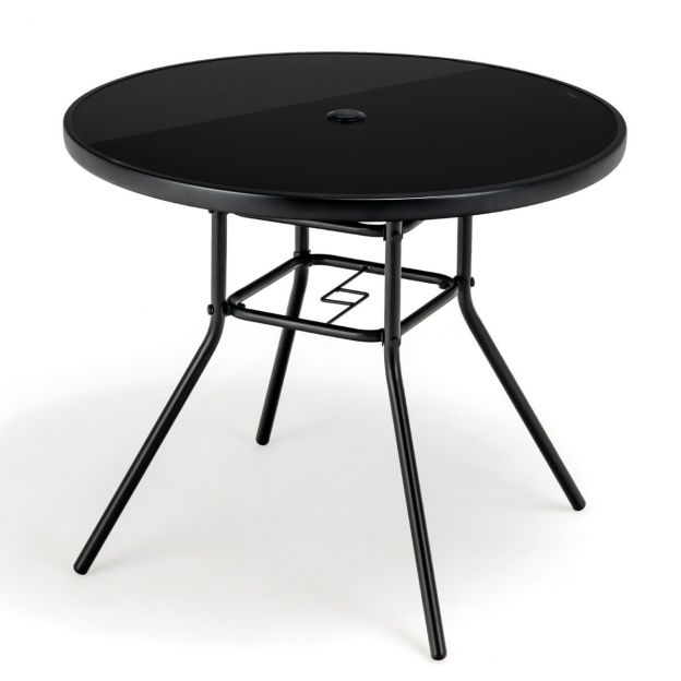 Karastatud klaasist lauaplaadiga aialaud, vihmavarju auguga terrassilaud, 86 × 86 × 71 cm, must