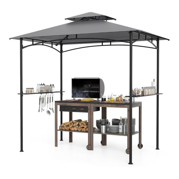 Grillpaviljon kahekordse katuse ja 2 külgriiuli ning 6 konksuga aiamajake BBQ paviljon 242 x 150 cm