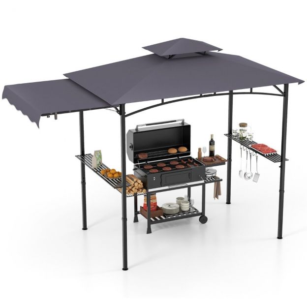 Grillpaviljon külgmarkiisiga, kahekordse katusega, 2 külgriiuli ja konksudega aiamajake BBQ paviljon tumehall