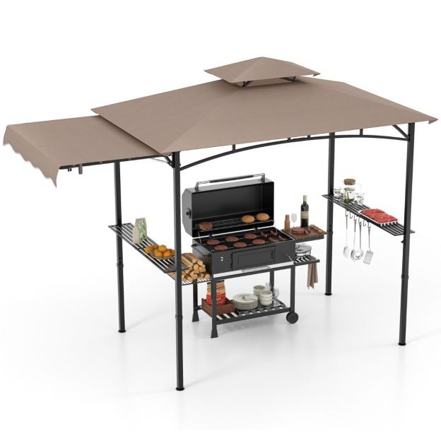 Grillpaviljon külgmarkiisiga kahekordse katusega, 2 külgriiuli ja konksudega aiamajake BBQ paviljon pruun