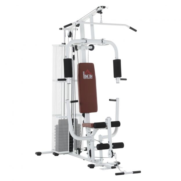 Kodus kasutamiseks mõeldud treeningjaam, kokku 45 kg, presskäe, jalgade arendaja, rullpolstrite, PU-kunstnahaga, 150 x 110 x 210 cm, valge