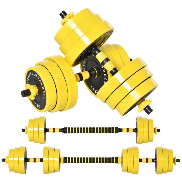 25 kg hantlikomplekt 3-ühes reguleeritav ergonoomiline 12 plaadiga, 2 lühikese kangiga ja 1 pika kangiga kollane must fitnessi jaoks.