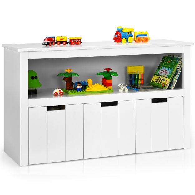 Sahtlitega hoiukapp puidust lastkapp ratastel 101 x 33 x 62 cm valge