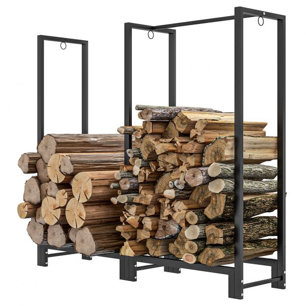 Kaminapuude riiul 123 x 32 x 115 cm küttepuude riiul kahe sektsiooni, kolme konksu, kaminapuude riiul välitingimustes, siseruumides, kuni 200 kg, teras, must