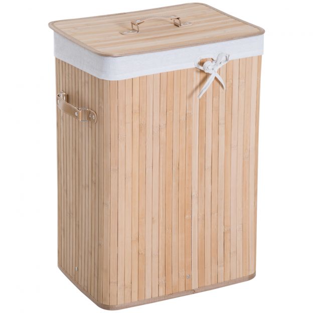 Pesukorv pesukast kaanega 72L kokkupandav purjekott bambusest looduslik 40 x 30 x 60 cm ideaalne pesukogumiseks.