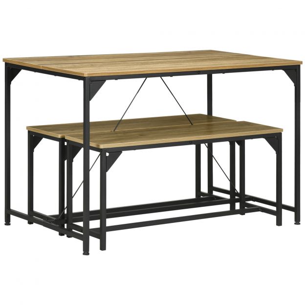 Söögitoa komplekt industriaaldisainis 3-osaline komplekt 4 inimesele, söögilaud 2 pingiga, ideaalne kööki ja elutuppa, naturaalne 120x70x75cm.de