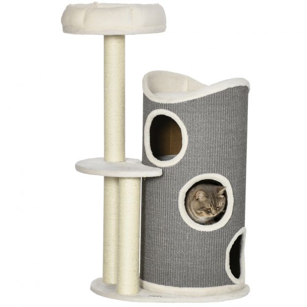 Kassipuu 109cm kraapimispuu kraapimistünniga ja kassivoodiga, sisalpostid, kaasaegne valge-hall kasside armastajatele.de