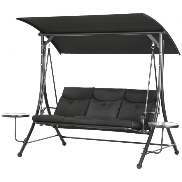 Hollywoodi kiik diivanilaudadega, 3-kohaline aiakiik reguleeritava päikesevarjuga, kiikpink kandevõimega kuni 300 kg, aeda, terrassile, 271 x 125 x 177 cm, must.