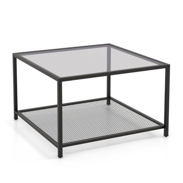 2-tasandiline klaaslaud panipaiga ja võrkriiuliga, moodne ruudukujuline kohvilaud 70 × 70 × 45 cm hall