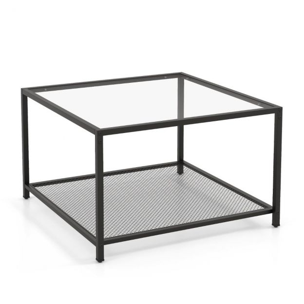 Kahekorruseline klaaslaud panipaigaga ja võrkriiuliga, moodne ruudukujuline kohvilaud, 70 x 70 x 45 cm, läbipaistev