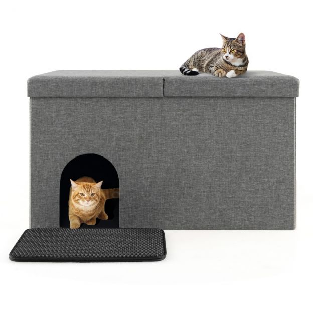 Kokkupandav kassikoobas 2-in-1 kassimaja, istepink kuni 200 kg, kassipeidik liivakasti jaoks, 90 × 50 × 50 cm, hall