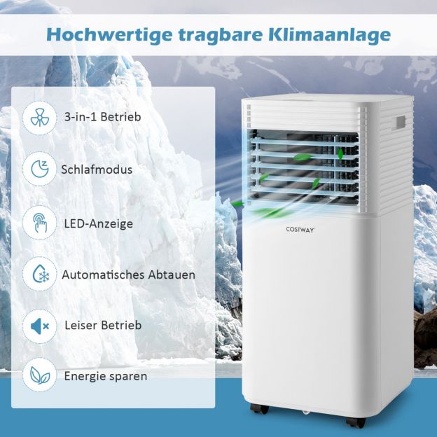 4-in-1 mobiilne kliimaseade 9000 BTU jahutamine, ventileerimine ja niiskuse eemaldamine valge kaanega 16℃-32℃