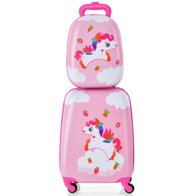 2-osaline laste kohver + seljakott plastist lastetrolley lastepagas 12"+16" Roosa Ükssarvik