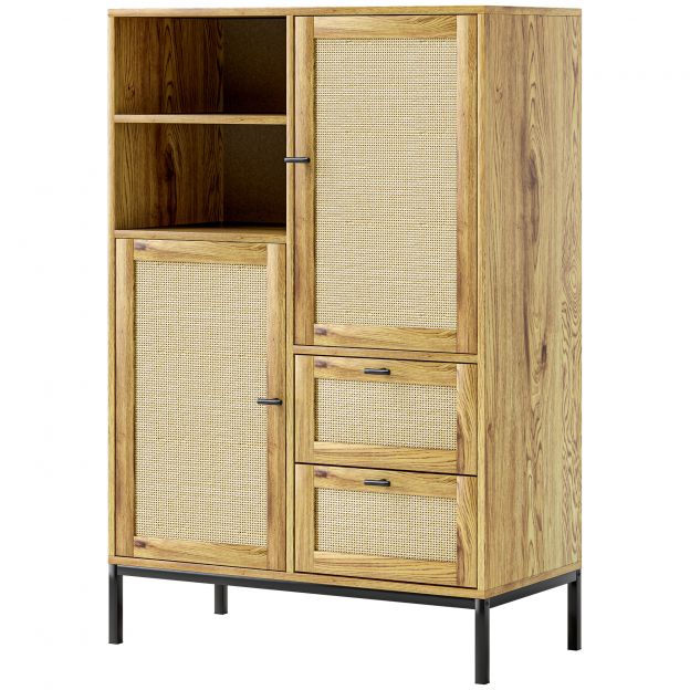 Kummut, hoiukapp rotangist ustega, mitmeotstarbeline kapp sahtlite ja reguleeritavate riiulitega, metallraam, elutuppa, magamistuppa, söögituppa, 80 x 40 x 120 cm, naturaalne puit