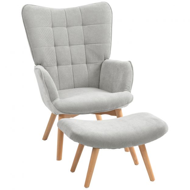 Kõrge seljatoega tugitool koos jalapingiga, lõõgastustool, polsterdatud tugitool nöörkangast, lounge-tugitool, käetugedega tool puidust jalgadega, tugitool elutuppa, hall.