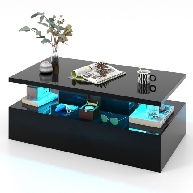 LED-diivanilaud Moodne 2-tasandiline kõrgläikega diivanilaud 110 x 60 x 40 cm Must