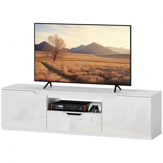 TV-kapp madal kapp 2 uksega, sahtel, 160 cm pikkune telerilaud telerile kuni 65 tolli, TV-alus kaablite haldamisega elutuppa, valge