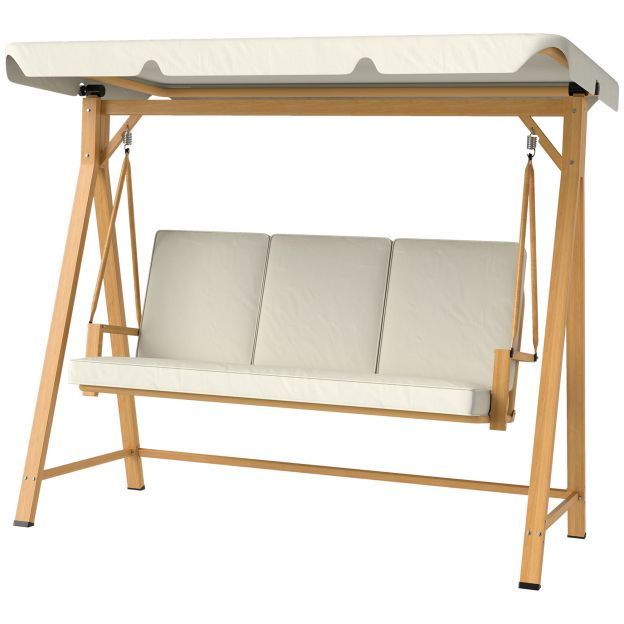 Hollywoodi kiik reguleeritava päikesekatusega istmepadi, puiduimitatsiooniga 3-kohaline aiakiik, kandevõime kuni 330 kg, kiikpink aeda, terrassile 198 x 120 x 170 cm, beež