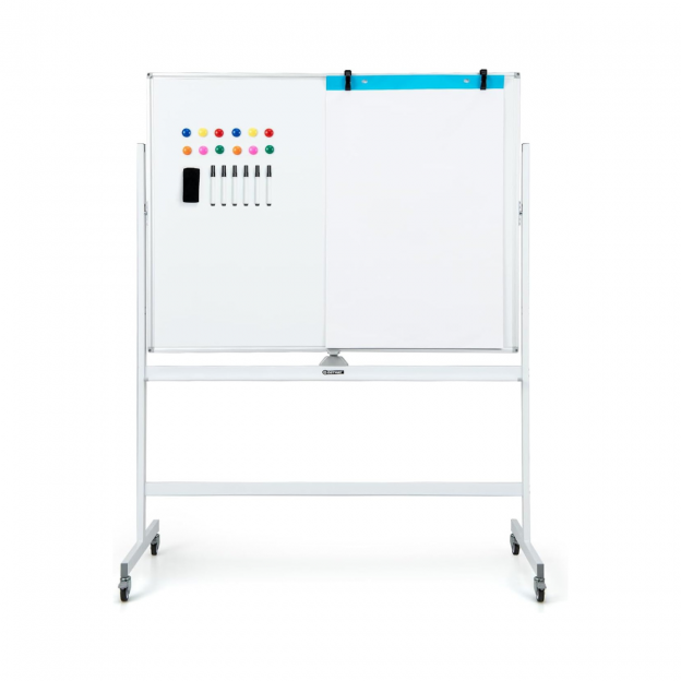 Kahepoolne mobiilne valge tahvel ruudustikuga, aluse ja markeririiuliga, 120×90 cm, valge