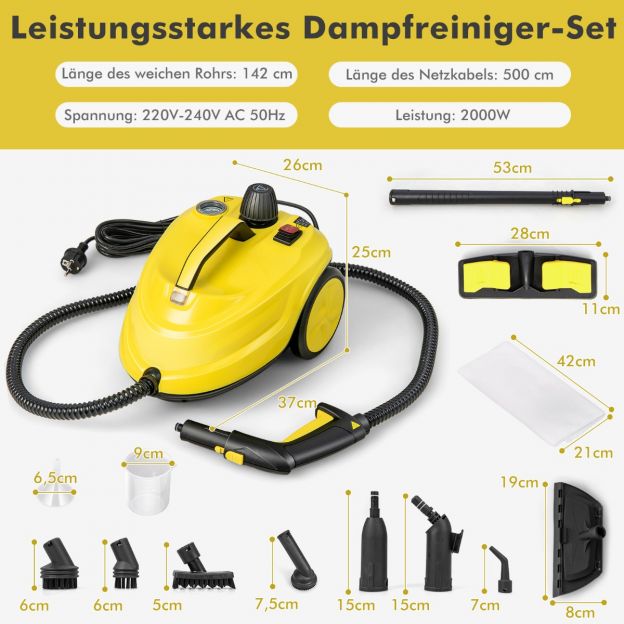 Aurupuhasti 2000 W puhastusmasin ratastel, 1,8 l veemahutavus ja 13 tarvikukomplekti, kollane