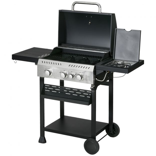Gaasigrill 3 kW 3+1 põletit BBQ grillkäru roostevabast terasest, sh külgpõleti, termomeeter, grillrest, keeduväli, pudeliavaja, külgriiulid, gaasigrill rõdule, telkimiseks 123 x 52 x 101 cm