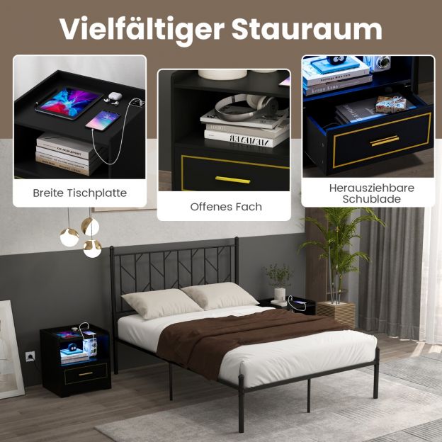 LED-valgustiga, USB-pordi ja Type-C laadimisjaamaga öökapp, liikumisanduriga must